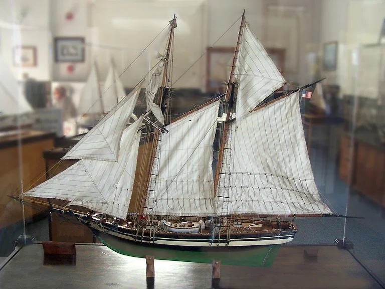 Model sailboat in case at museum